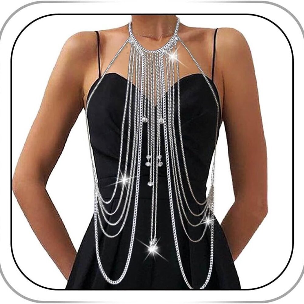 Body Chain Necklace Alloy Layered Tassel Body Crossover Harness for Women
